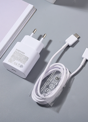 Быстрая зарядка samsung 25вт блок + кабель 3а type c - type c, (ep-ta800) 25w оригинал! без коробки белый