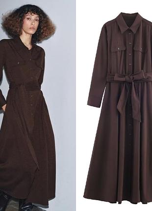 Довга сукня жіноча zara zw collection belted shirt maxi dress коричнева