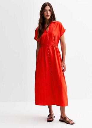 Вискозное + лен макси платье new look orange linen-look shirred waist midi shirt dress