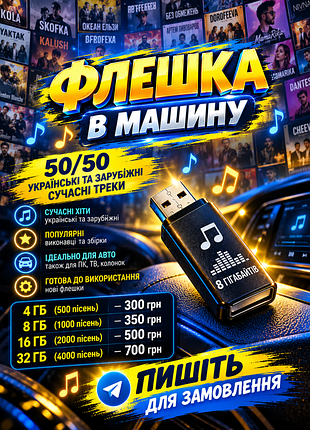 Флешка с музыкой на 8гб, флешка с музыкой в машину, юсб.