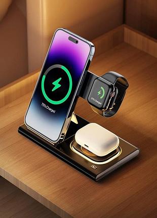 Бездротова зарядка для apple watch iphone airpods док-станція 3 в 1 нічник
