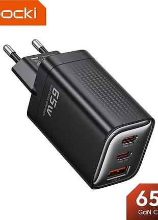 Быстрая зарядка toocki gan 65w на 3 выхода 1usb + 2type-c pd3.0 qc сетевое зарядное устройство