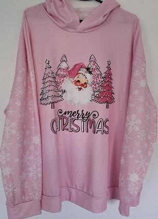 Новое розовое новогоднее худи с сантой merry christmas 4xl (балта / оверсайз)