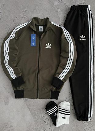 Спортивний костюм adidas чоловічий демісезон кофта хакі мастерка + чорні штани адідас з смужками