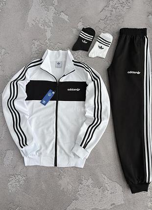 Спортивный костюм adidas мужской демисезон белая кофта с черной полосой + черные брюки адедас xs, s, m, l, xl, xxl, xxxl