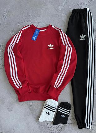 Червона кофта adidas світшот + штани адідас чорні демісезонний спортивний костюм чоловічий