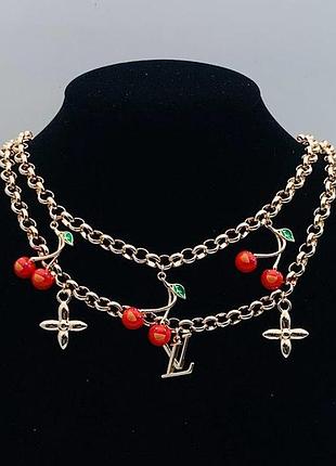 Цепочка с вишнями с подвеской из медицинской стали (stainless steel) красная позолота