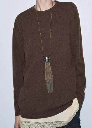 Светр жіночий zara wool blend jumper with lace camisole коричневий джемпер кардиган