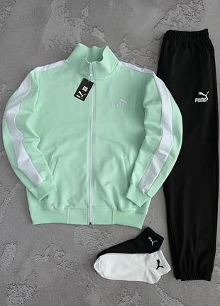Спортивный костюм puma женский демисезон мятный зеленый с белыми полосами кофта мастерка + черные штаны пума