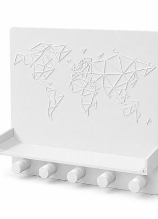 Ключница настенная с полочкой и картой мира, 5 крючков, белая матовая, 20 × 20 см, 3d-печать
