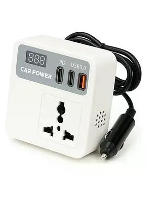 Автомобільний інвертор car power 150w 12v–220v • перетворювач напруги від прикурювача 12v у 220v з 2 usb, type-c pd та дисплеєм