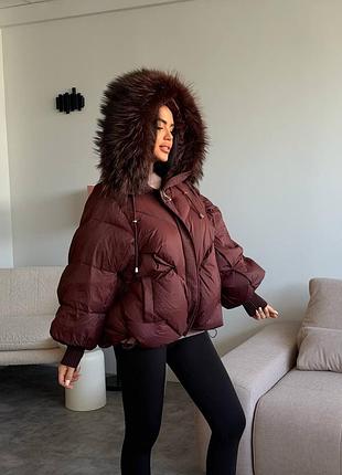 Куртка пуховик max mara с натуральним хутром бордо