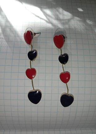 Серьги подвески женские нежные сердце ❤️ черное красное бижутерия
