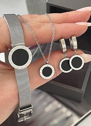 Комплект браслет, подвеска и серьги булгари из медицинского золота stainless steel