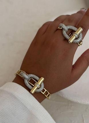 Комплект двойное кольцо и браслет из медицинского золота stainless steel, лимонная позолота+родий
