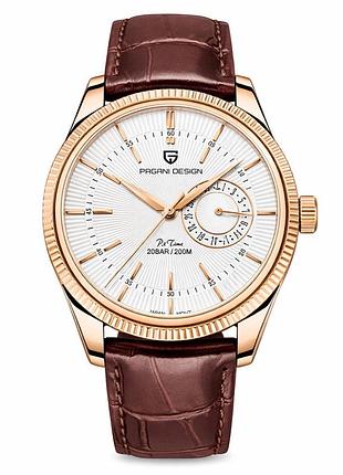 Чоловічий годинник pagani design pd-1689 gold-white-brown з сапфіровим склом та механізмом seiko vh65