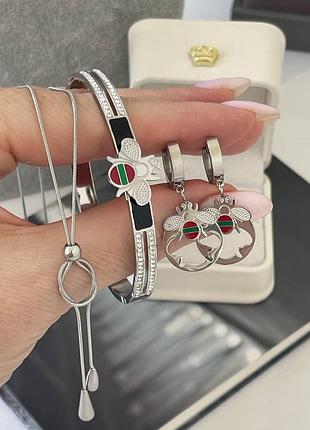 Комплект подвеска, браслет и серьги гуччи из медицинской стали (stainless steel)