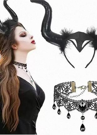 Набір чокер та обруч на хелловін роги малефісенти halloween