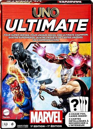 Mattel games - карточная игра uno ultimate marvel с 4 бревнами персонажей, 228 карт, 2–4 игрока, от 7 лет