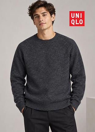 Оригинальный мужской серый свитер реглан из 100% шерсти uniqlo l