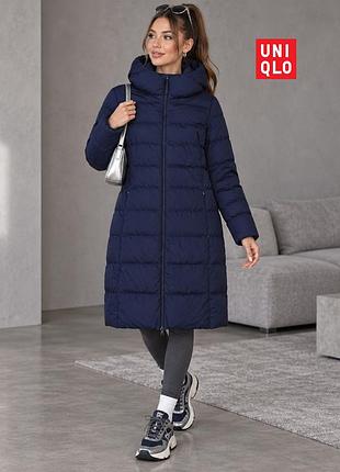 Оригинальный легкий синий пуховик с капюшоном uniqlo s