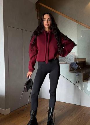 Женское худи oversize из турецкой трехнитки на флисе, теплая худи с двойным капюшоном бордо, 42/46