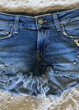 Шорти жіночі zara trafaluc denimwear мінішорти джинсові сині з камінням та перлами