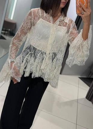 Женская кружевная блуза oversize | микродайвинг + кружевная сетка с пайетками крем