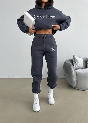 Спортивний костюм жіночий calvin klein з худі та штанами, чорний, 42-44, тринитка на флісі