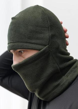 Чоловіча балаклава оливкова флісова утеплена для чоловіка шапка маска підшоломник без принтів на осінь зиму вітрозахисна зручна