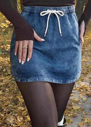 Спідниця джинсова міні 👖 100% бавовна 💙 пояс на гумці зі шнурком ⚡ коротка денім варьонка m /l