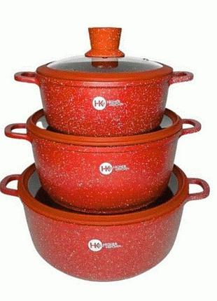 Набор посуды гранитное покрытие с силиконовыми крышками 8 предметов higher kitchen нк-325 червоний (42839-нк-325_1894)