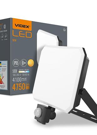 Світлодіодний прожектор videx f3 50w 5000k з датчиком руху 220v black (vle-f3-0505b-s)