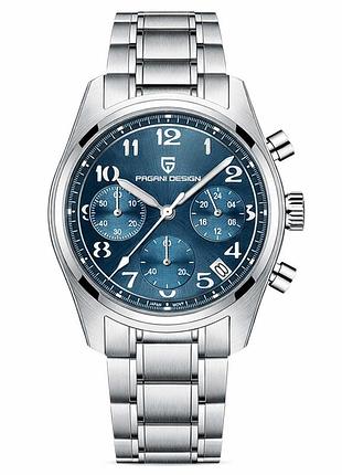 Чоловічий годинник pagani design pd-1773 silver-blue з сапфіровим склом та механізмом seiko vk63