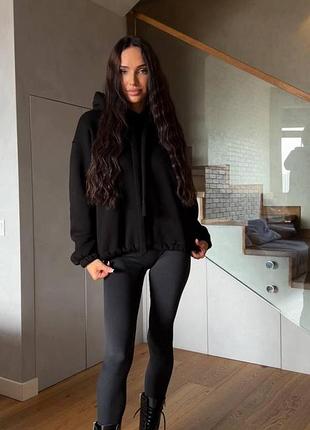 Женское худи oversize из турецкой трехнитки на флисе, теплая худи с двойным капюшоном черный, 48/50