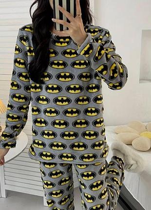 Тепла плюшева піжама бетмен (batman) флісова, домашній костюм оверсайз, сірий m розмір