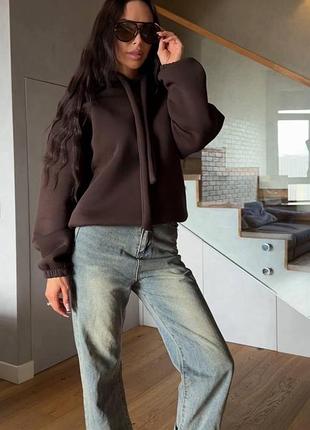 Женское худи oversize из турецкой трехнитки на флисе, теплая худи с двойным капюшоном шоколад, 42/46
