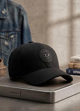 Мужская зимняя бейсболка diesel из итальянской шерсти с ушами (черная)
