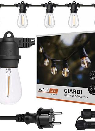 Садова гірлянда superled 5м, 5 ламп e27, вуличне освітлення з чорним кабелем, з монтажними вушками, для тераси, балкона