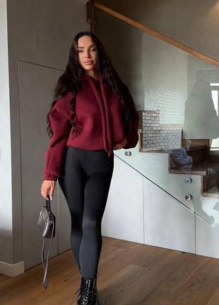 Жіноче худі oversize з турецької тринитки на флісі, тепле худі з подвійним капюшоном бордо, 48/50