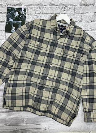 Чоловіча фланелева сорочка stussy motif plaid shirt в клітку бежева сіра класична пряма вінтажна повсякденна плотна тепла оригінал бу s-m стильна