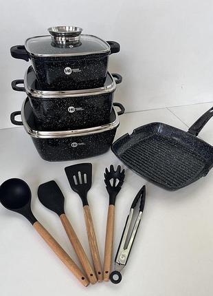 Набор кастрюль сотейник квадратная сковорода higer kitchen нк-317 с лопатками 14 предметов (красный, черный)