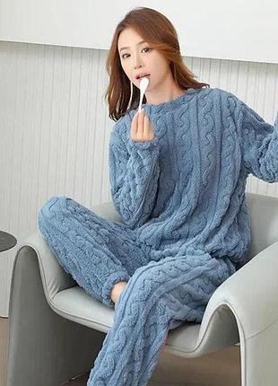Зимняя пижама для дома косичка, теплый костюм для дома кофта и брюки, женская теплая пижама косичка синий
