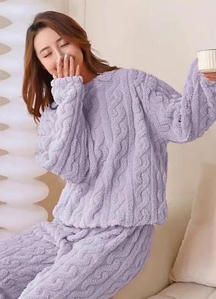 Зимняя пижама для дома косичка, теплый костюм для дома кофта и брюки, женская теплая пижама косичка фиолетовый