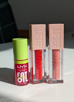 Блиски maybelline new york lifter gloss, nyx fat oil lip drip