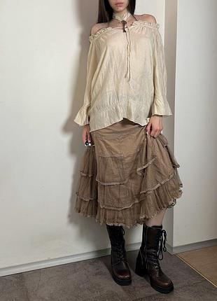 Вінтажна коричнева міді спідниця бохо з мереживом бохо boho vintage per una mexx edc