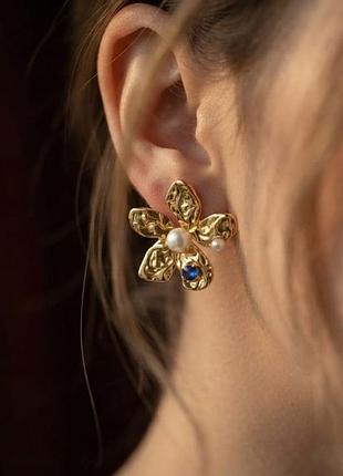 Сережки нержавіюча сталь stainless steel квіточки камінці намистини