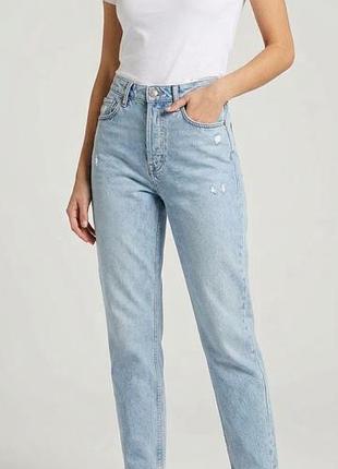Светло-голубые джинсы-скинни zara с высокой посадкой и рваными деталями (размер eur 36 / s)