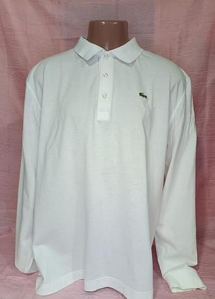 Чоловіча біла сорочка-поло з довгим рукавом (лонг-поло) від бренда lacoste з фірмовим логотипом у формі зеленого крокодила на грудях.