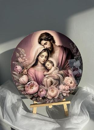 Дизайнерська картина ікона свята сім'я з півоніями елітна ікона свята сім'я ручної роботи 60 см